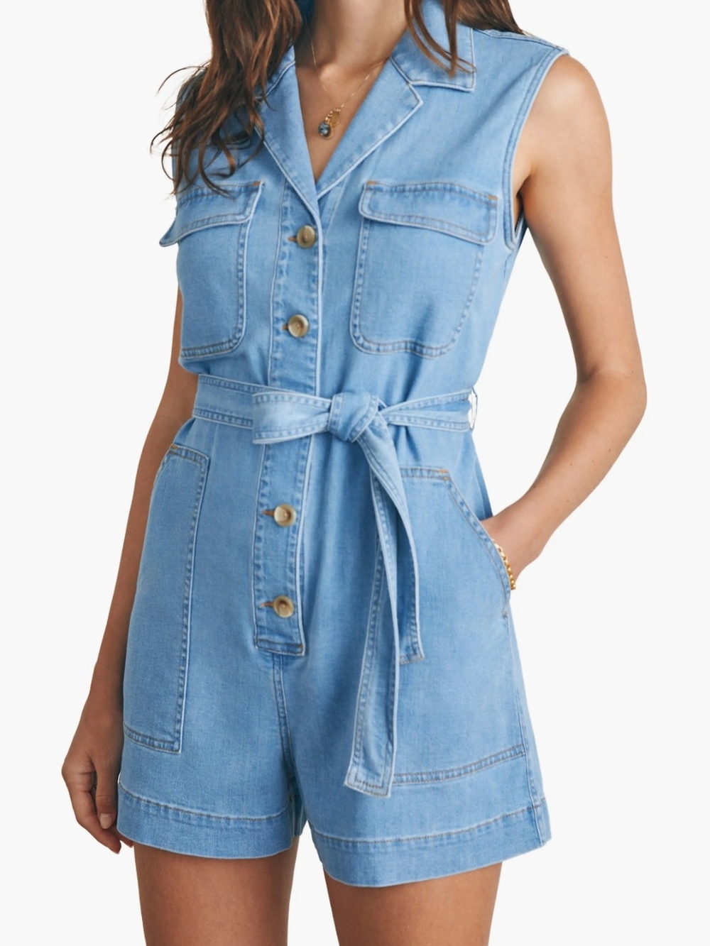 Faherty Light Blue Denim Utility Romper